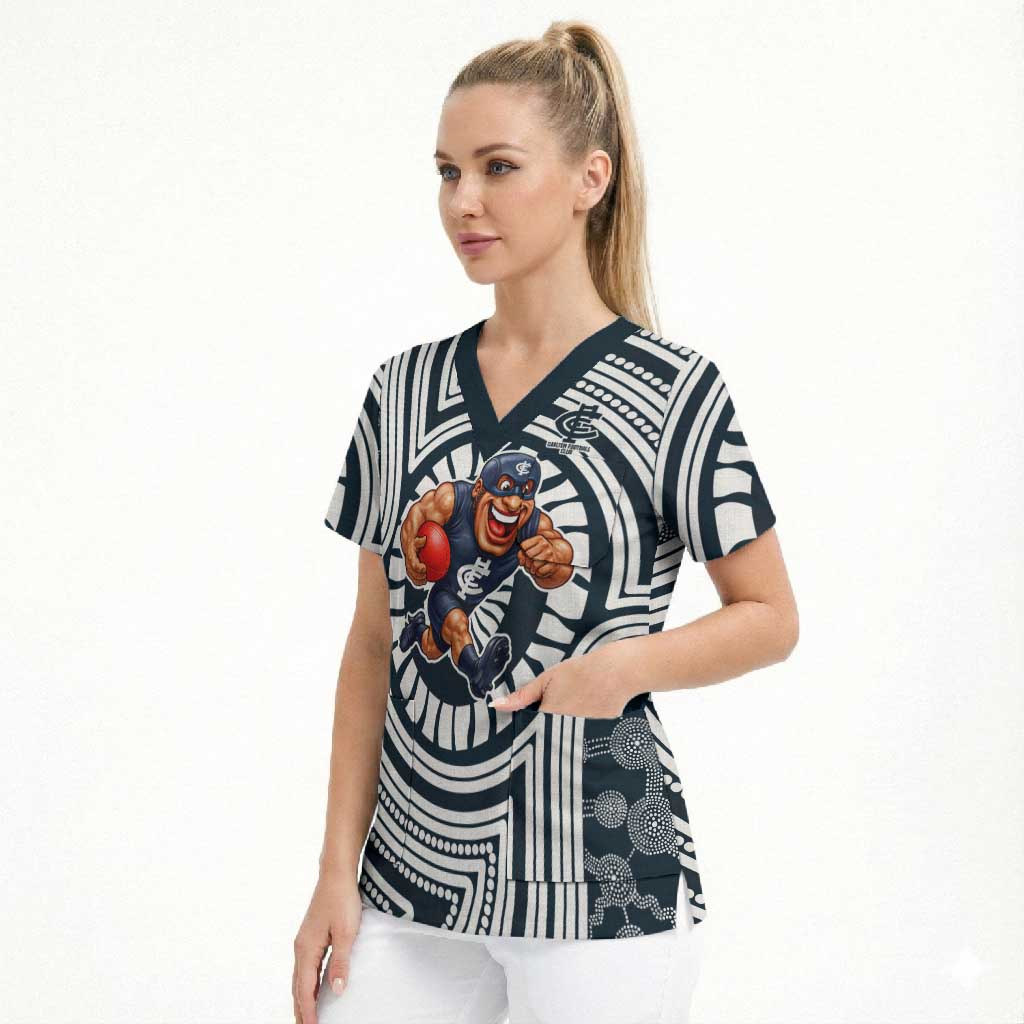 Carlton Football Club Scrub Top Indigenous Monochrome Dot Art Mascot Style