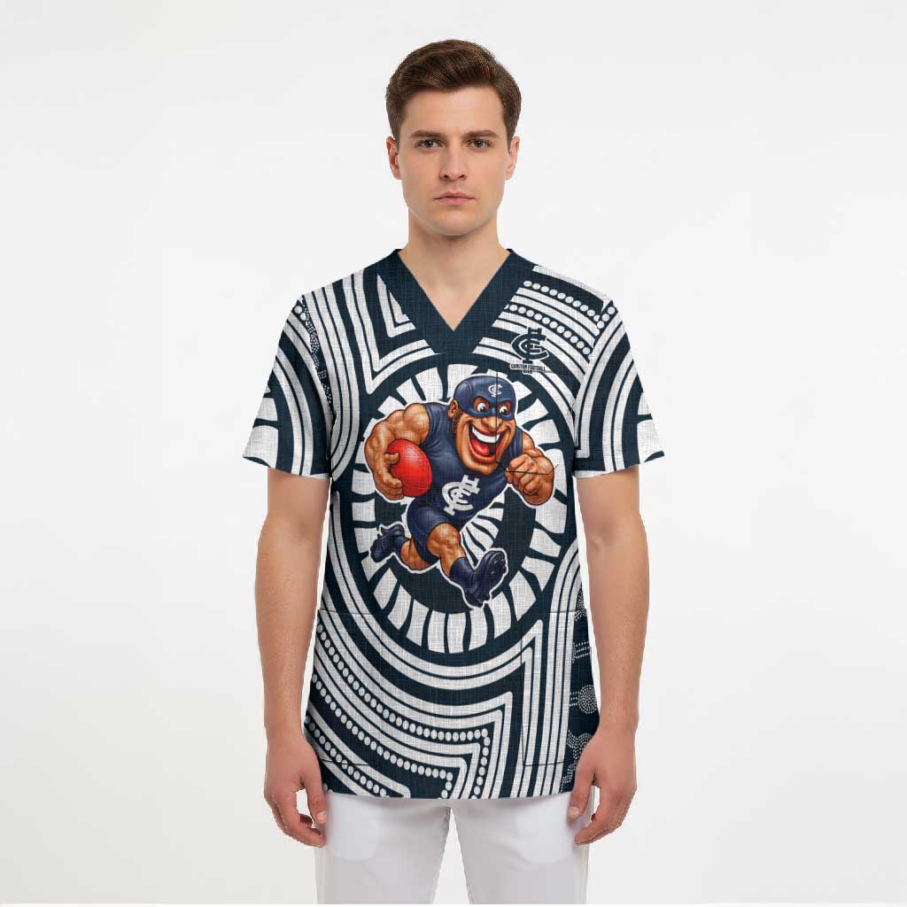 Carlton Football Club Scrub Top Indigenous Monochrome Dot Art Mascot Style