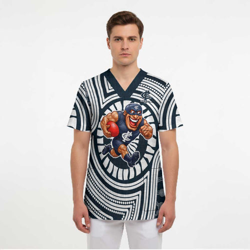 Carlton Football Club Scrub Top Indigenous Monochrome Dot Art Mascot Style