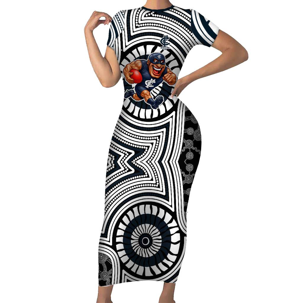 Carlton Football Club Short Sleeve Bodycon Dress Indigenous Monochrome Dot Art Mascot Style