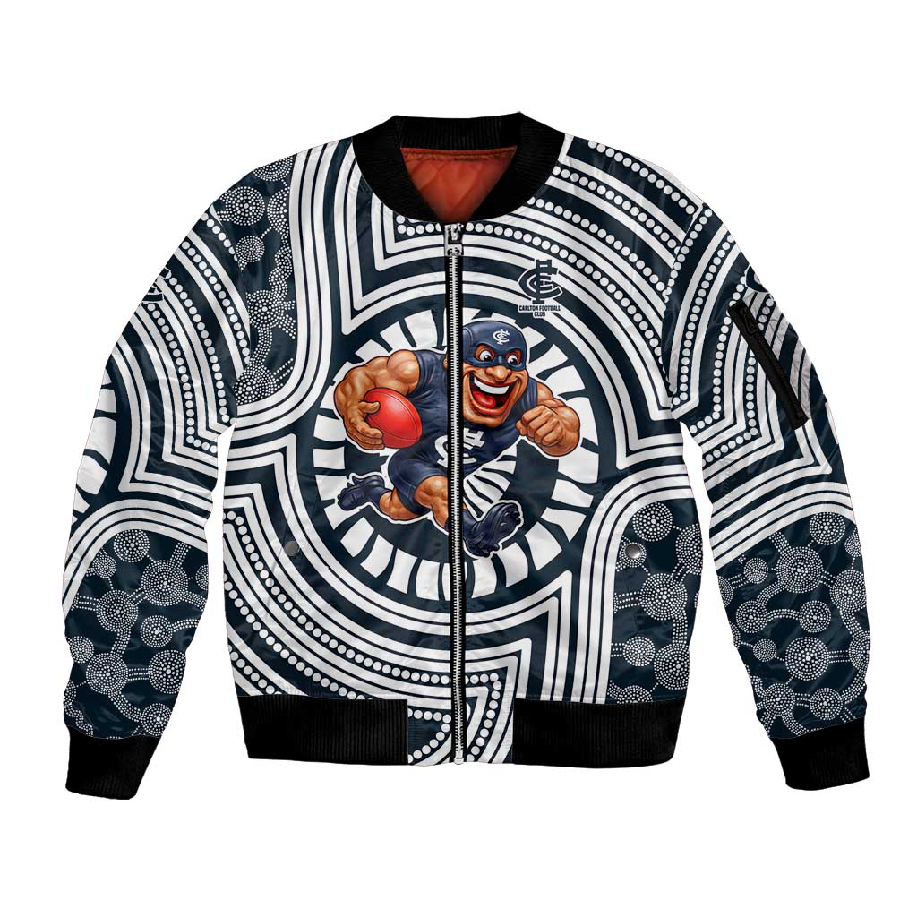 Carlton Football Club Sleeve Zip Bomber Jacket Indigenous Monochrome Dot Art Mascot Style
