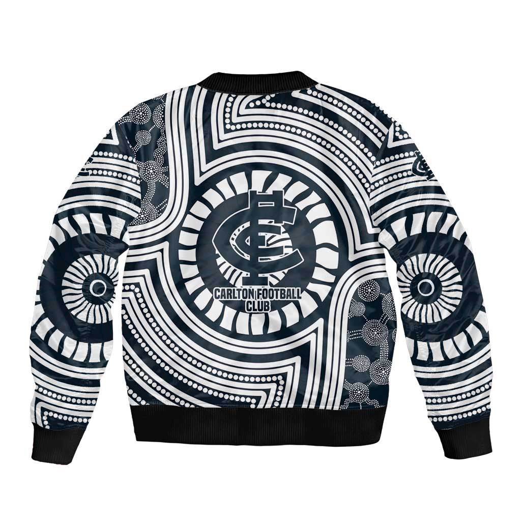 Carlton Football Club Sleeve Zip Bomber Jacket Indigenous Monochrome Dot Art Mascot Style