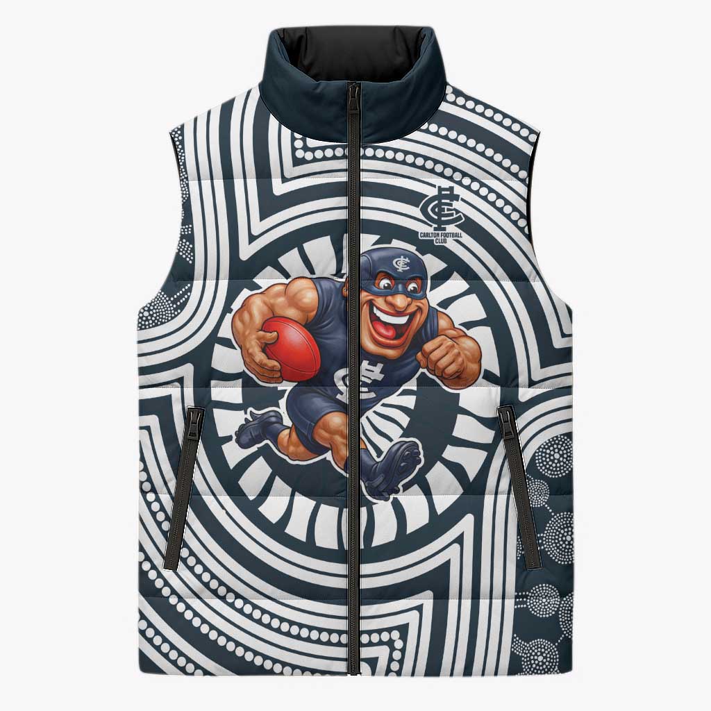 Carlton Football Club Sleeveless Puffer Jacket Indigenous Monochrome Dot Art Mascot Style