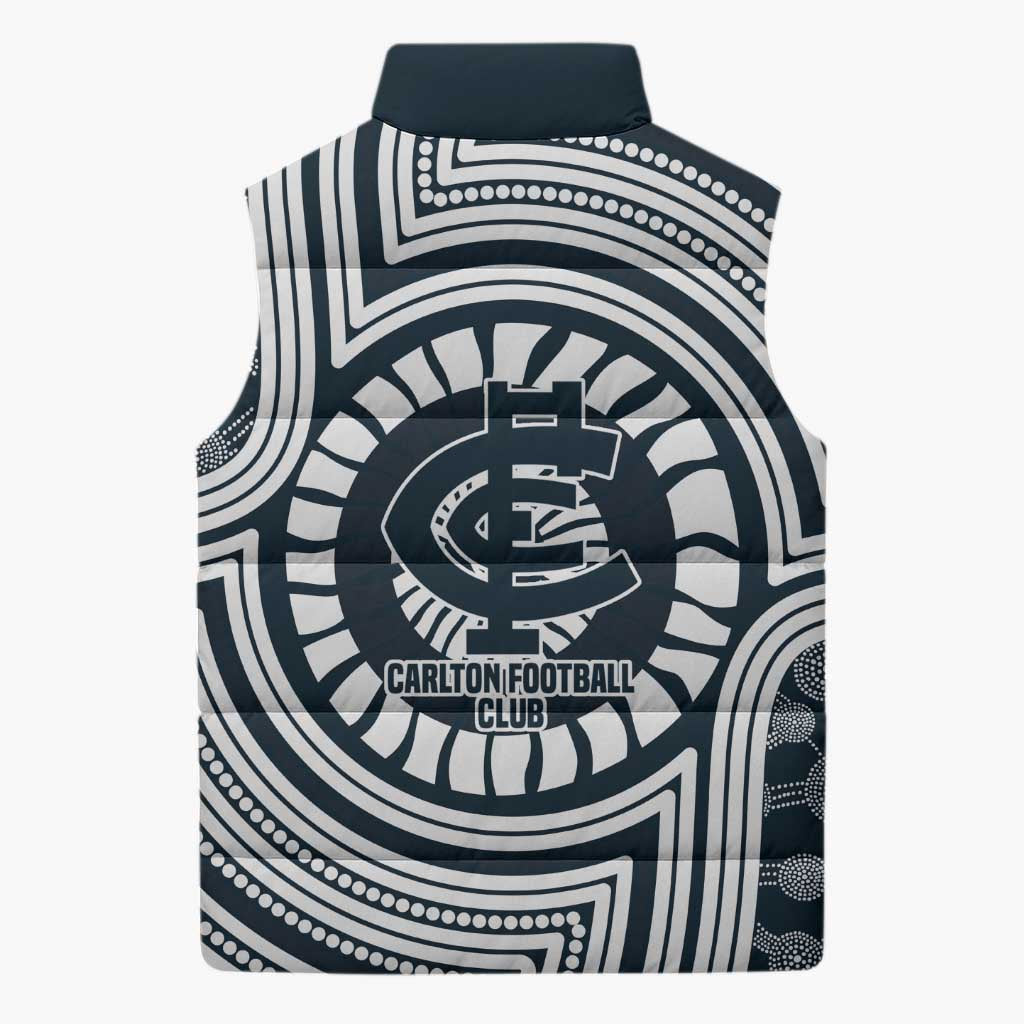 Carlton Football Club Sleeveless Puffer Jacket Indigenous Monochrome Dot Art Mascot Style