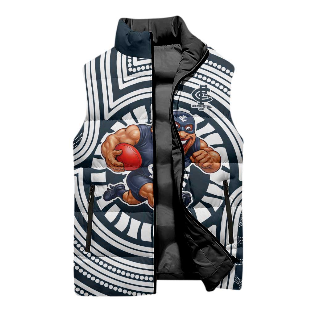 Carlton Football Club Sleeveless Puffer Jacket Indigenous Monochrome Dot Art Mascot Style