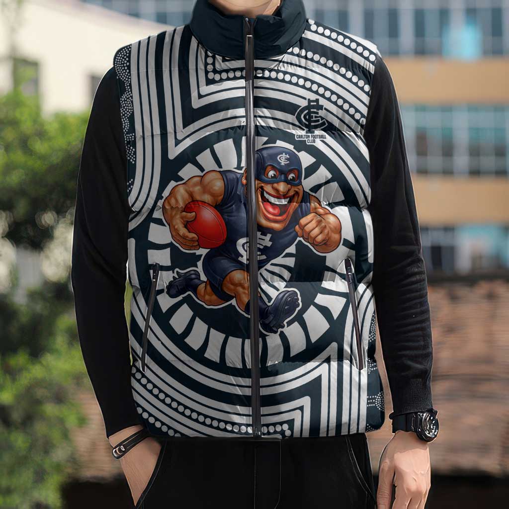 Carlton Football Club Sleeveless Puffer Jacket Indigenous Monochrome Dot Art Mascot Style