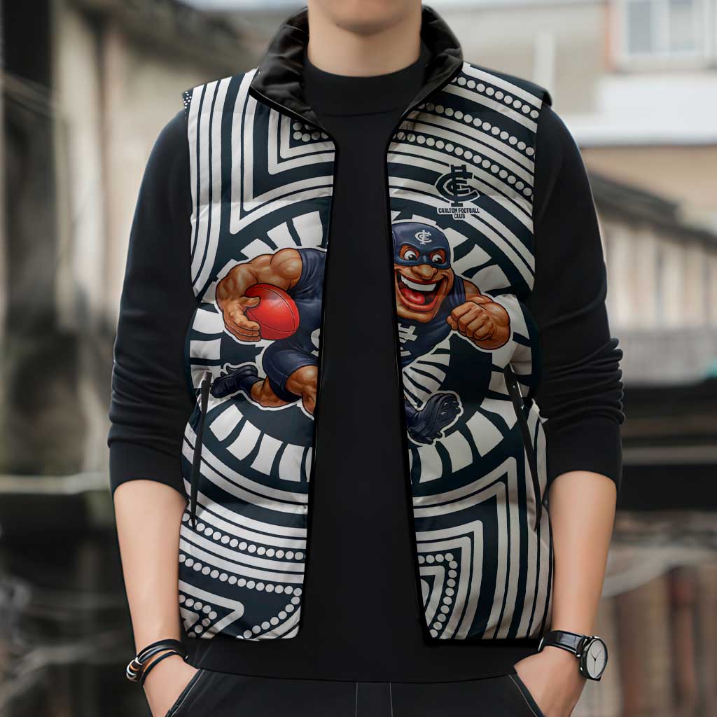 Carlton Football Club Sleeveless Puffer Jacket Indigenous Monochrome Dot Art Mascot Style
