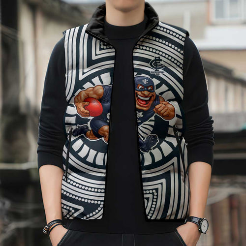 Carlton Football Club Sleeveless Puffer Jacket Indigenous Monochrome Dot Art Mascot Style