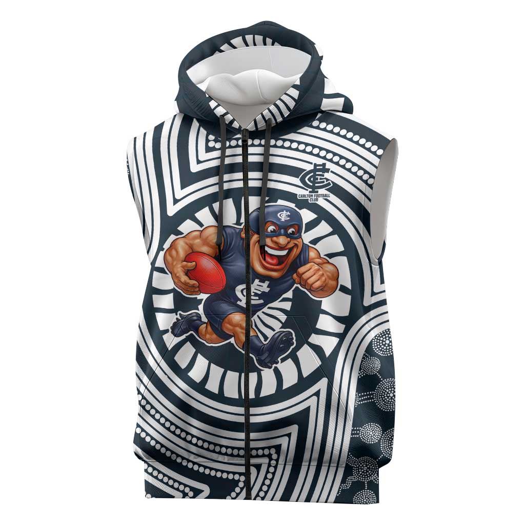 Carlton Football Club Sleeveless Zip Hoodie Indigenous Monochrome Dot Art Mascot Style