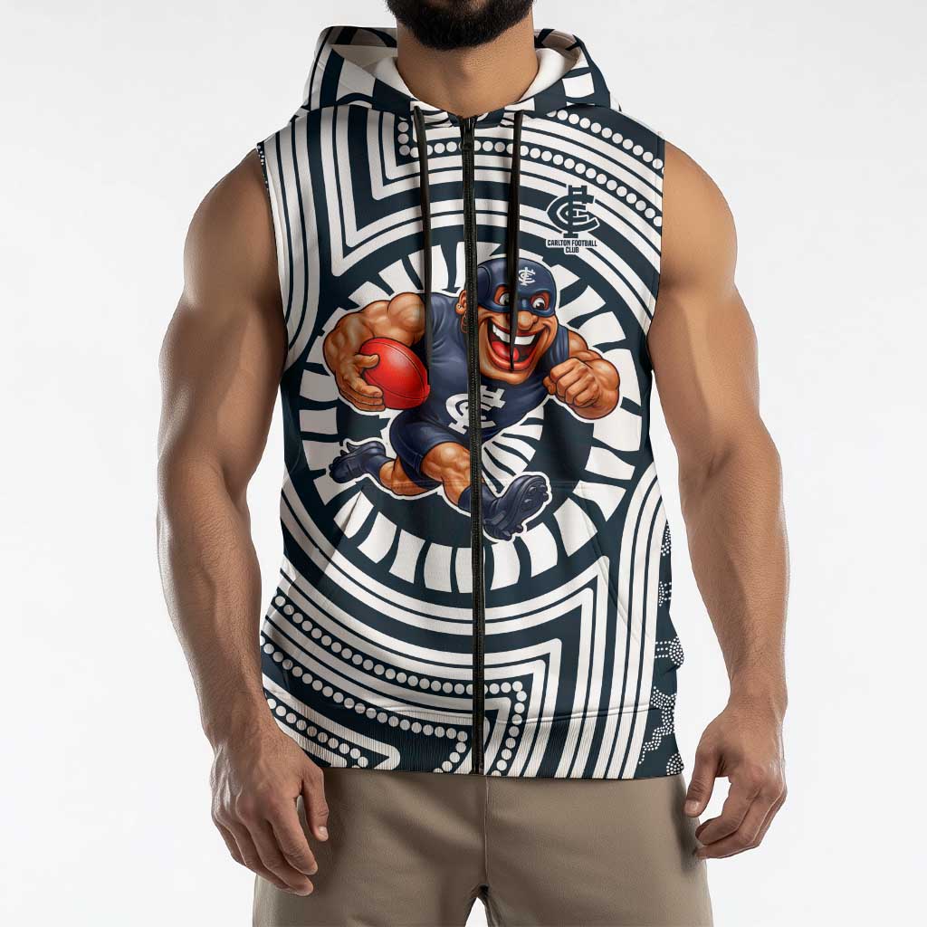 Carlton Football Club Sleeveless Zip Hoodie Indigenous Monochrome Dot Art Mascot Style