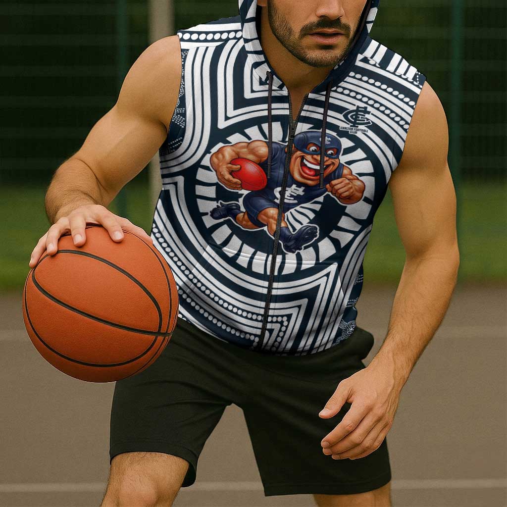 Carlton Football Club Sleeveless Zip Hoodie Indigenous Monochrome Dot Art Mascot Style
