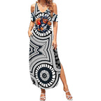 Carlton Football Club Summer Maxi Dress Indigenous Monochrome Dot Art Mascot Style