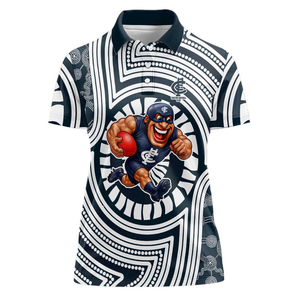 Carlton Football Club Women Polo Shirt Indigenous Monochrome Dot Art Mascot Style