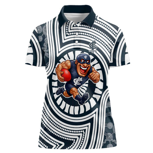 Carlton Football Club Women Polo Shirt Indigenous Monochrome Dot Art Mascot Style