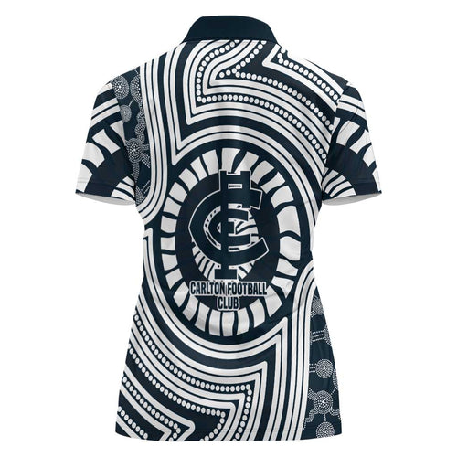 Carlton Football Club Women Polo Shirt Indigenous Monochrome Dot Art Mascot Style