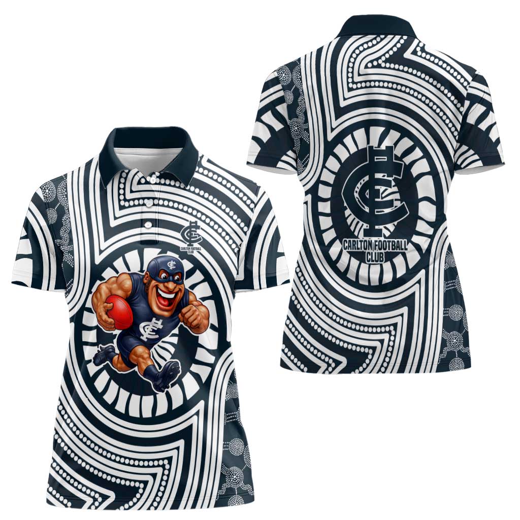 Carlton Football Club Women Polo Shirt Indigenous Monochrome Dot Art Mascot Style
