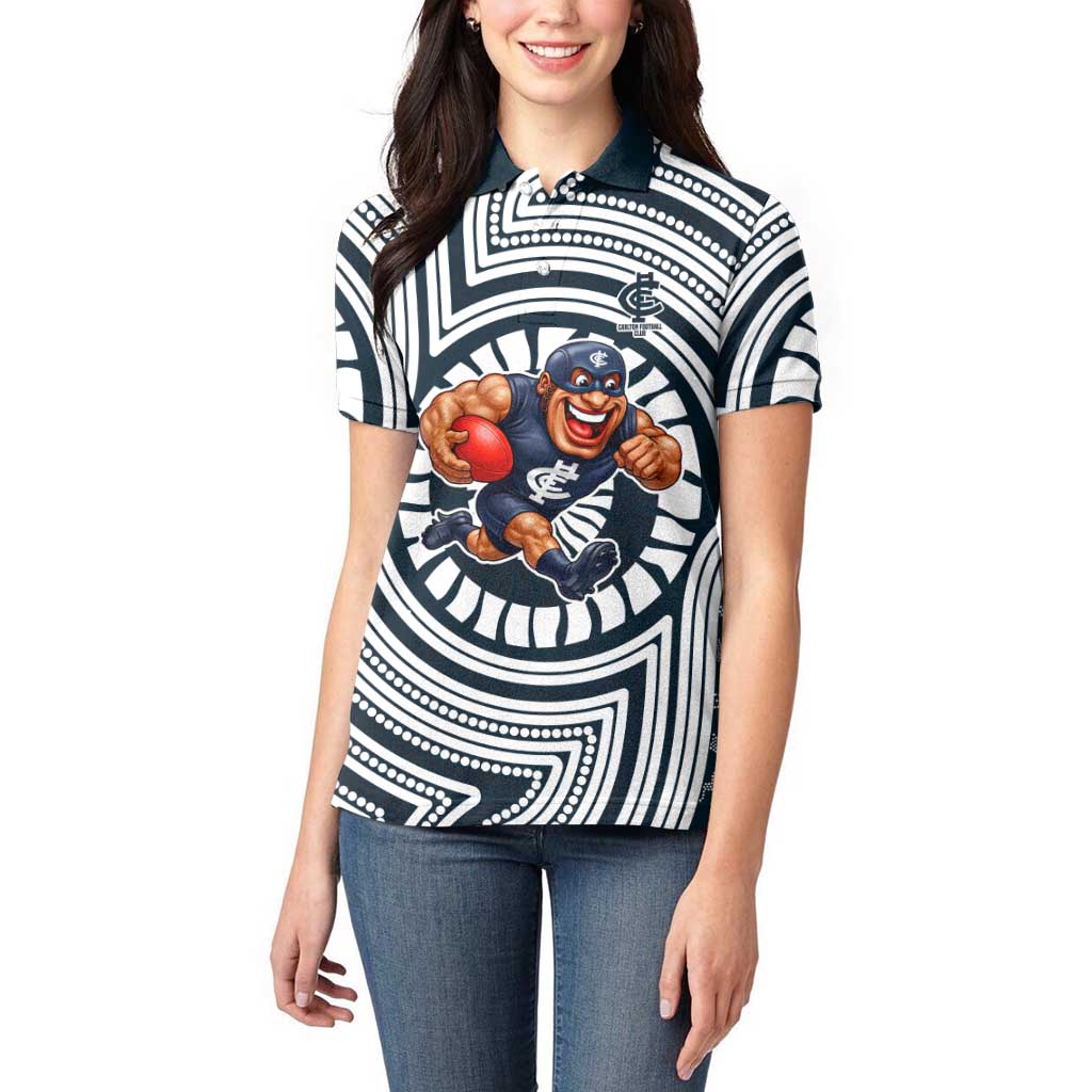 Carlton Football Club Women Polo Shirt Indigenous Monochrome Dot Art Mascot Style