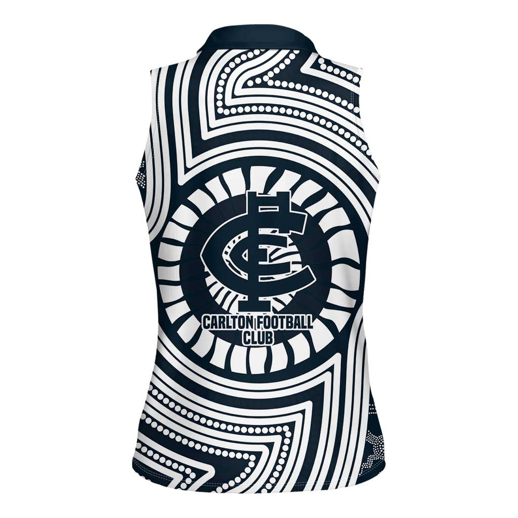 Carlton Football Club Women Sleeveless Polo Shirt Indigenous Monochrome Dot Art Mascot Style