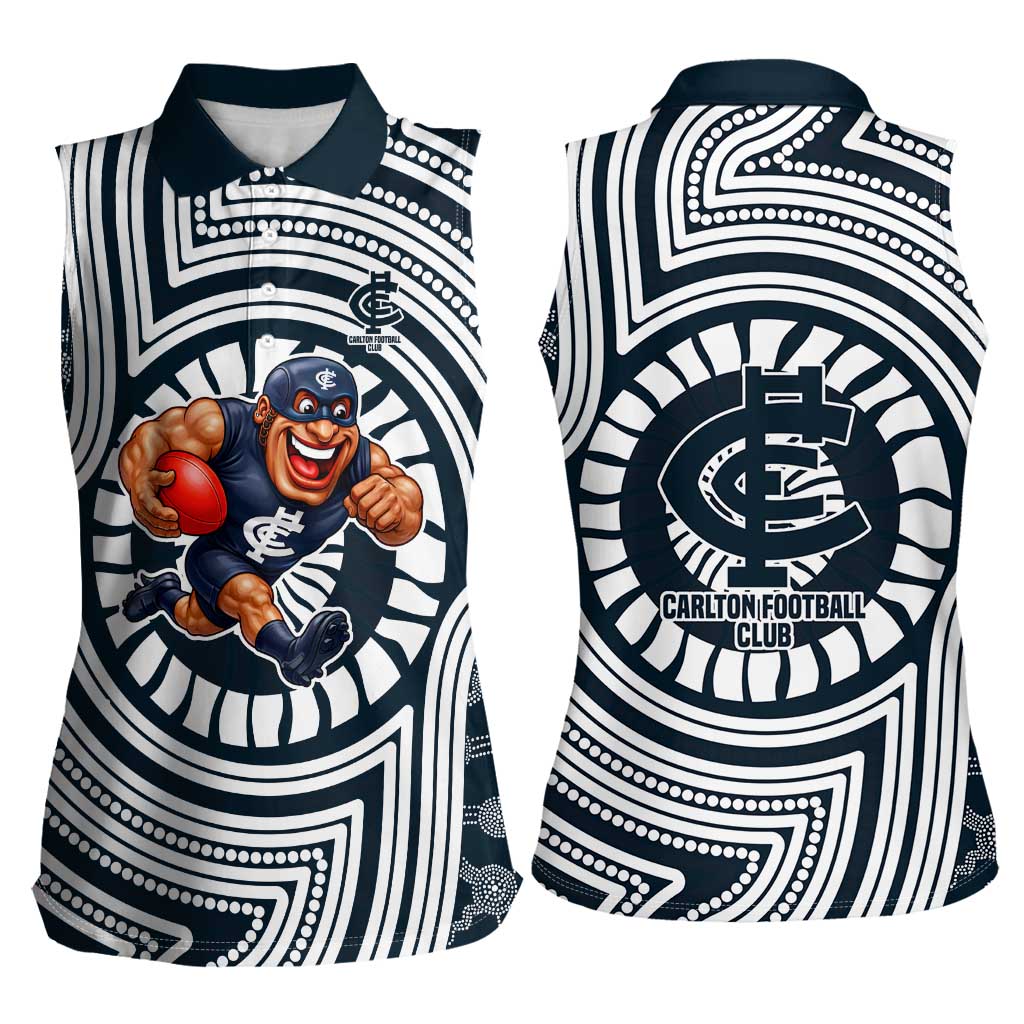 Carlton Football Club Women Sleeveless Polo Shirt Indigenous Monochrome Dot Art Mascot Style