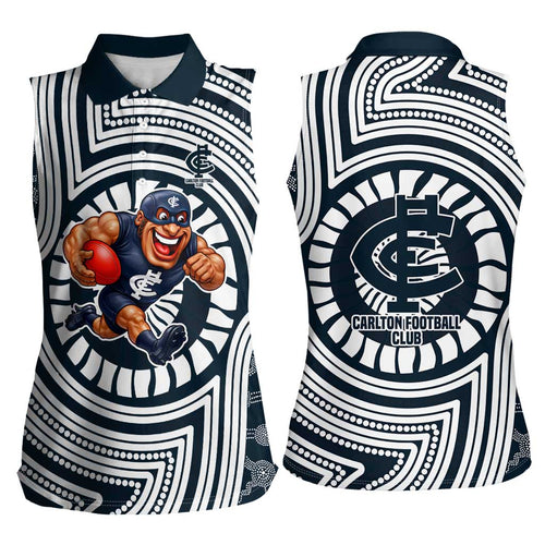 Carlton Football Club Women Sleeveless Polo Shirt Indigenous Monochrome Dot Art Mascot Style