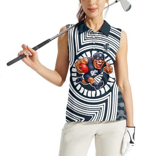 Carlton Football Club Women Sleeveless Polo Shirt Indigenous Monochrome Dot Art Mascot Style