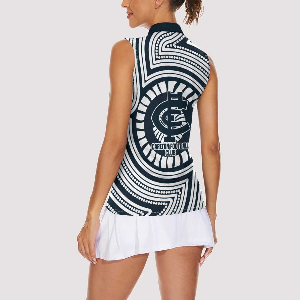 Carlton Football Club Women Sleeveless Polo Shirt Indigenous Monochrome Dot Art Mascot Style
