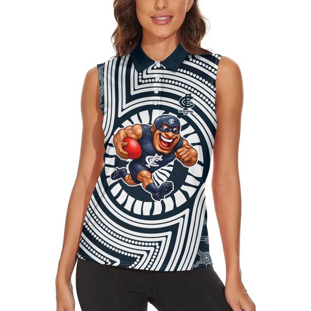 Carlton Football Club Women Sleeveless Polo Shirt Indigenous Monochrome Dot Art Mascot Style