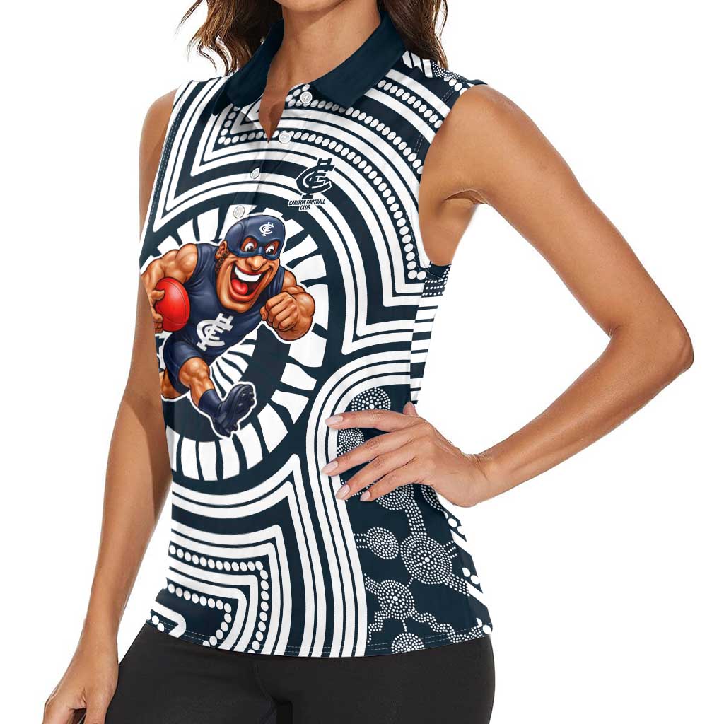Carlton Football Club Women Sleeveless Polo Shirt Indigenous Monochrome Dot Art Mascot Style