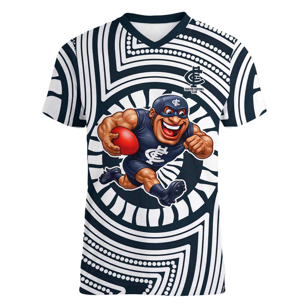 Carlton Football Club Women V-Neck T-Shirt Indigenous Monochrome Dot Art Mascot Style