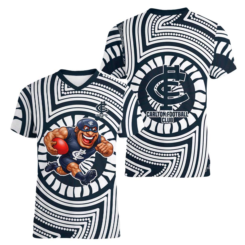 Carlton Football Club Women V-Neck T-Shirt Indigenous Monochrome Dot Art Mascot Style