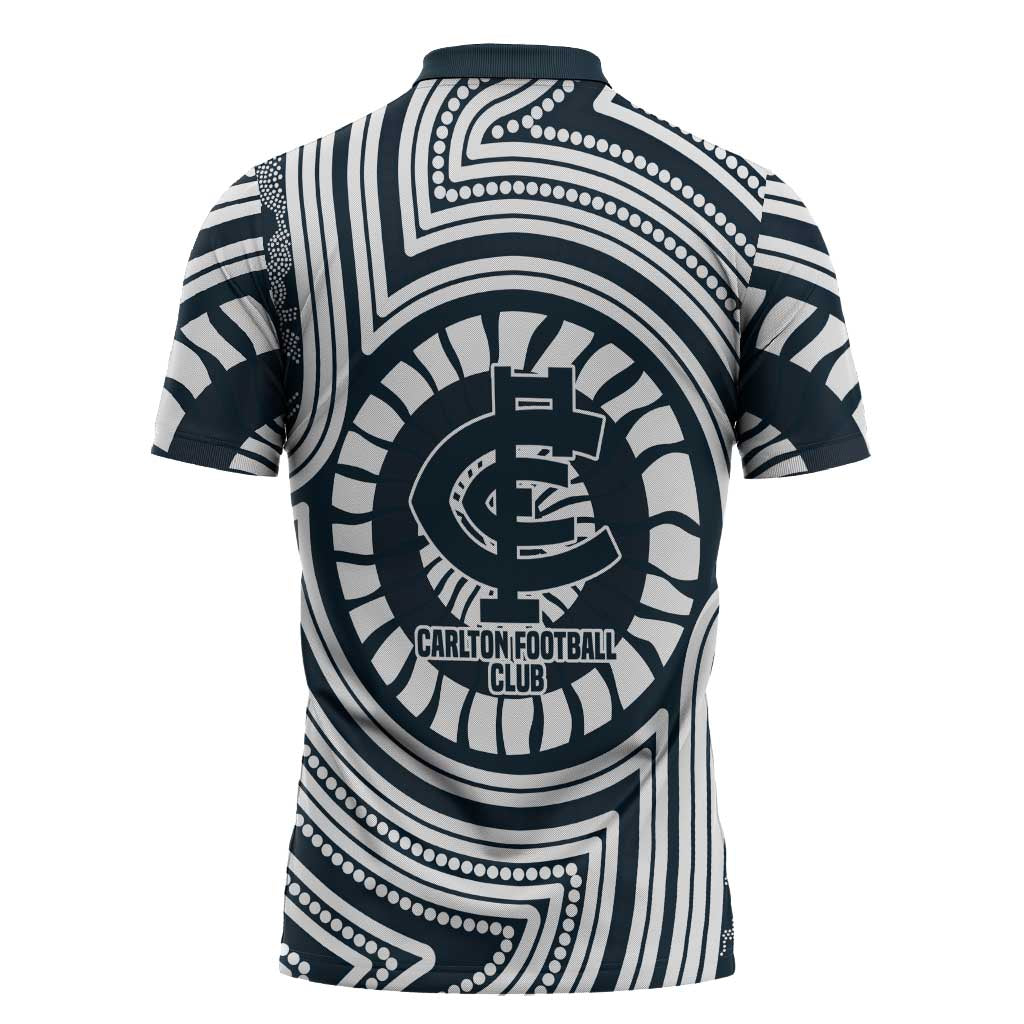 Carlton Football Club Zipper Polo Shirt Indigenous Monochrome Dot Art Mascot Style