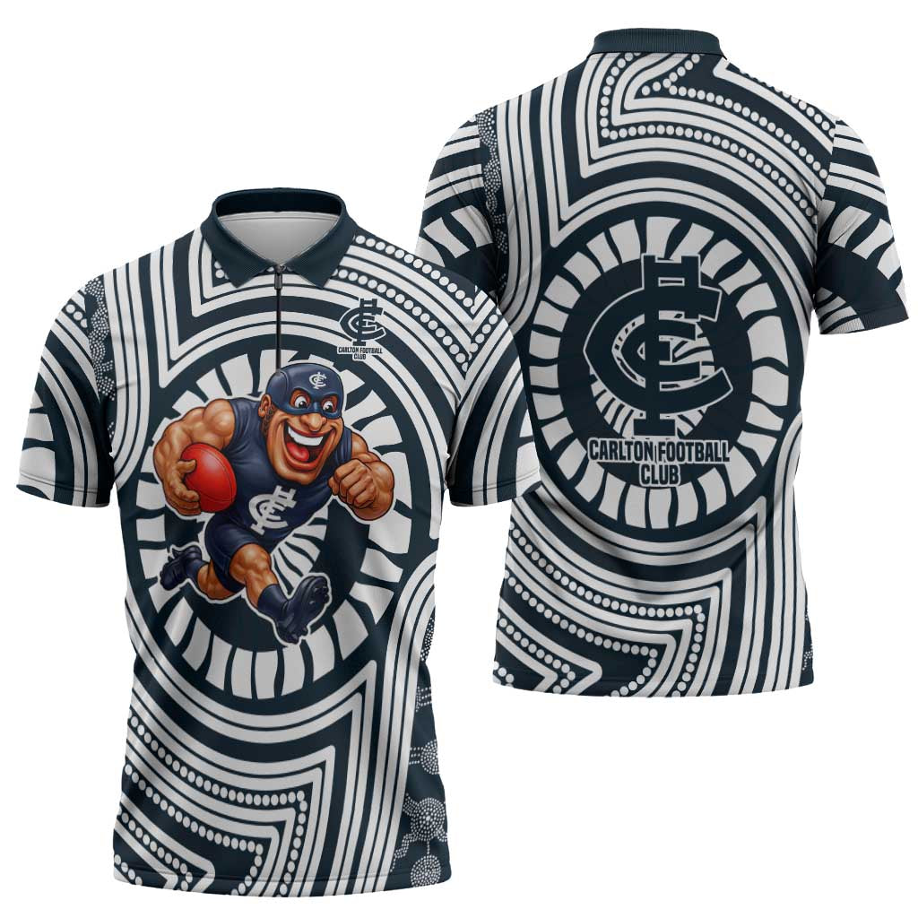 Carlton Football Club Zipper Polo Shirt Indigenous Monochrome Dot Art Mascot Style