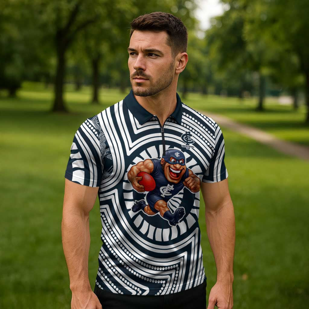 Carlton Football Club Zipper Polo Shirt Indigenous Monochrome Dot Art Mascot Style