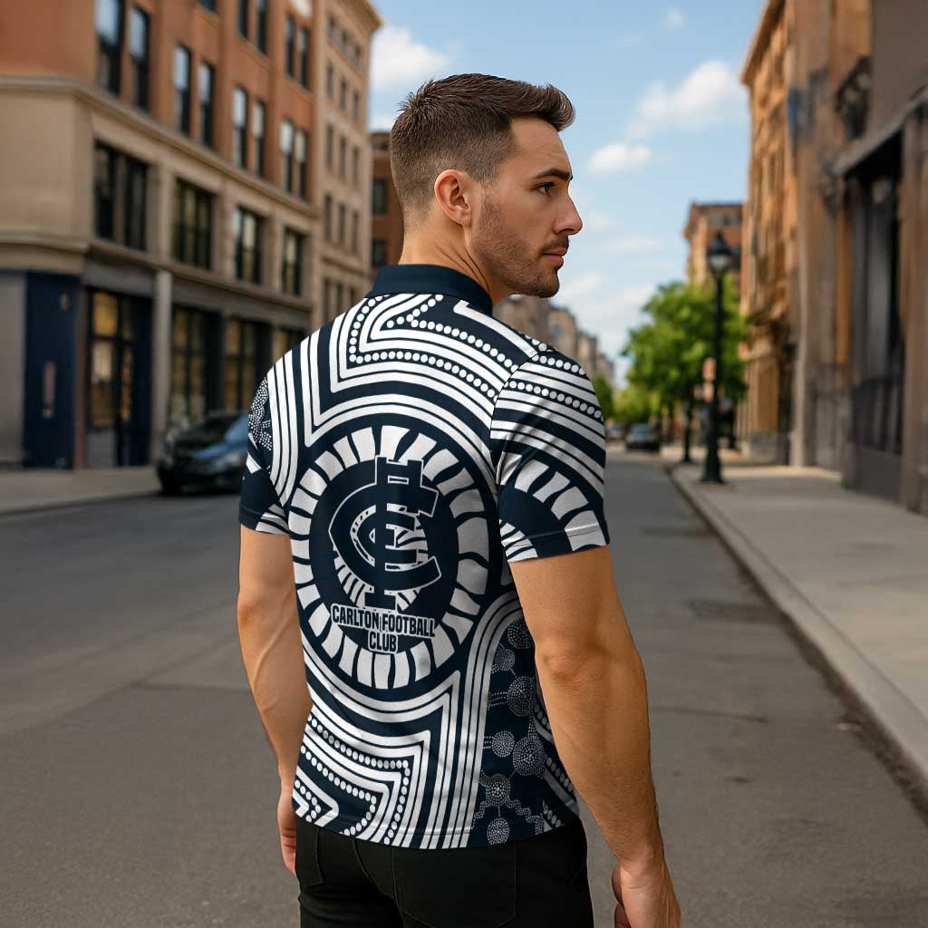 Carlton Football Club Zipper Polo Shirt Indigenous Monochrome Dot Art Mascot Style