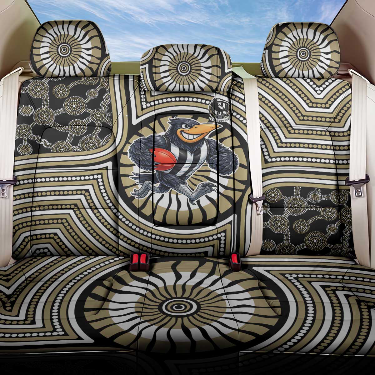 Collingwood Football Club Back Car Seat Cover Indigenous Monochrome Dot Art Mascot Style