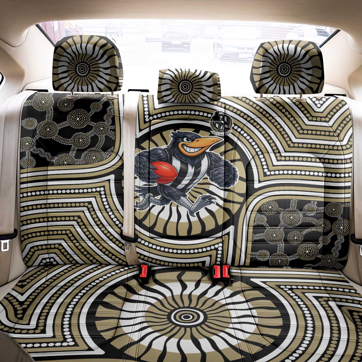 Collingwood Football Club Back Car Seat Cover Indigenous Monochrome Dot Art Mascot Style