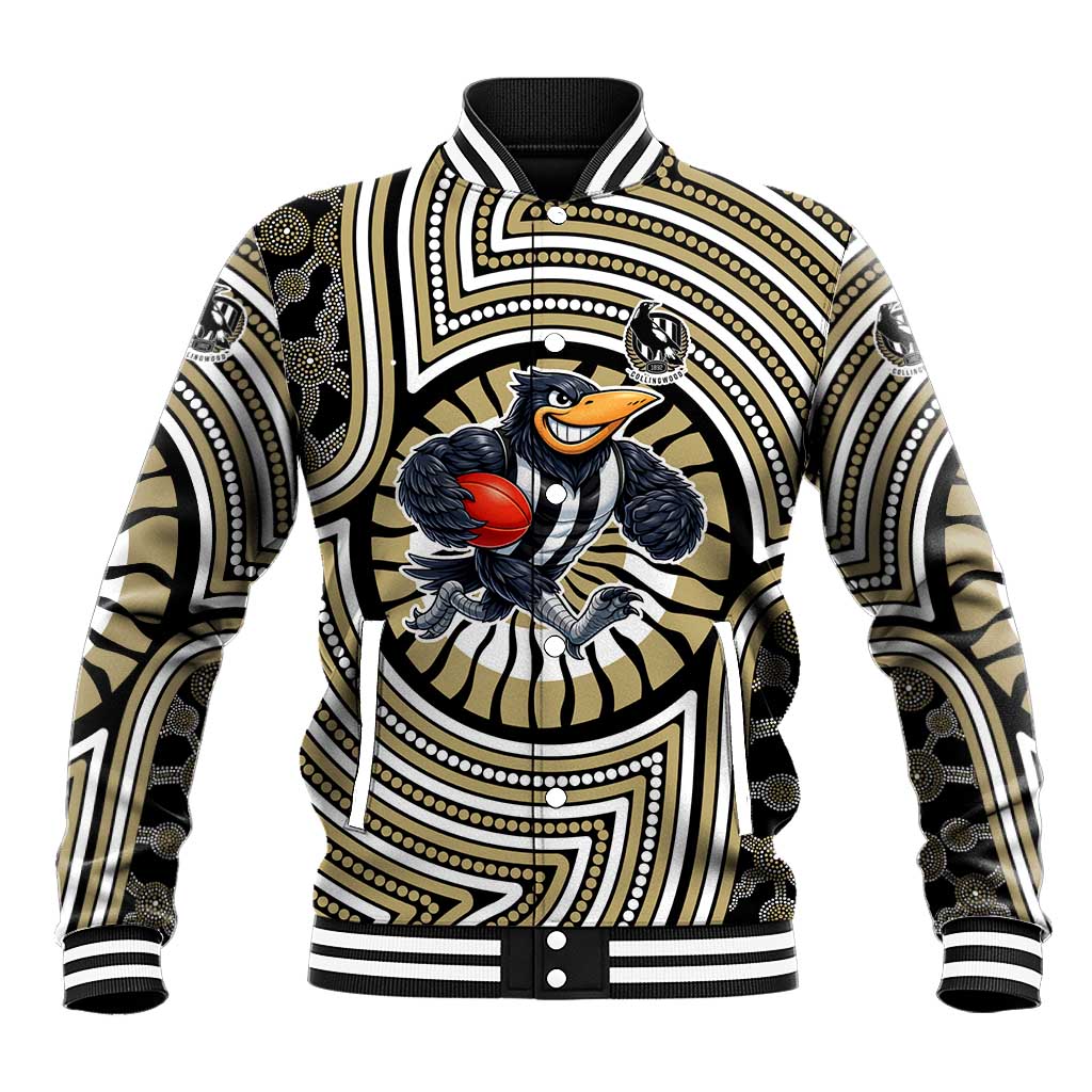 Collingwood Football Club Baseball Jacket Indigenous Monochrome Dot Art Mascot Style