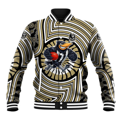 Collingwood Football Club Baseball Jacket Indigenous Monochrome Dot Art Mascot Style