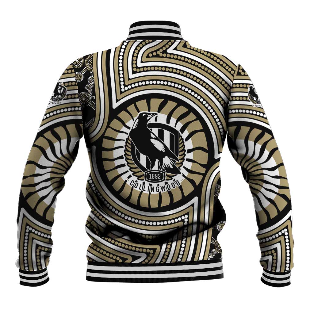 Collingwood Football Club Baseball Jacket Indigenous Monochrome Dot Art Mascot Style