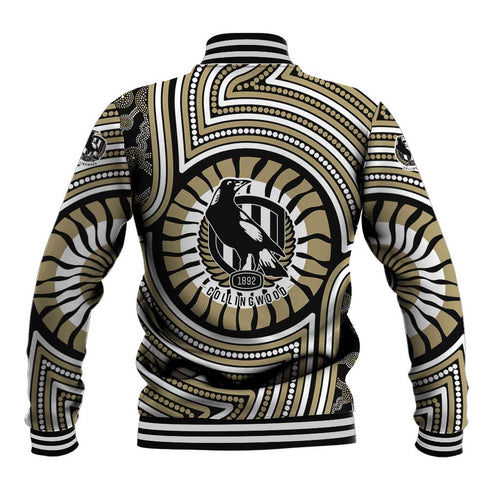 Collingwood Football Club Baseball Jacket Indigenous Monochrome Dot Art Mascot Style