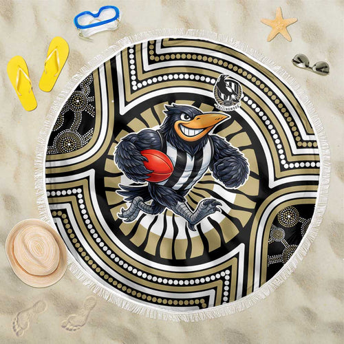 Collingwood Football Club Beach Blanket Indigenous Monochrome Dot Art Mascot Style