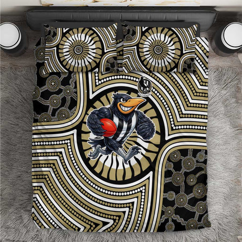 Collingwood Football Club Bedding Set Indigenous Monochrome Dot Art Mascot Style