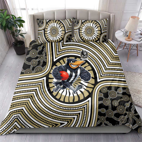 Collingwood Football Club Bedding Set Indigenous Monochrome Dot Art Mascot Style
