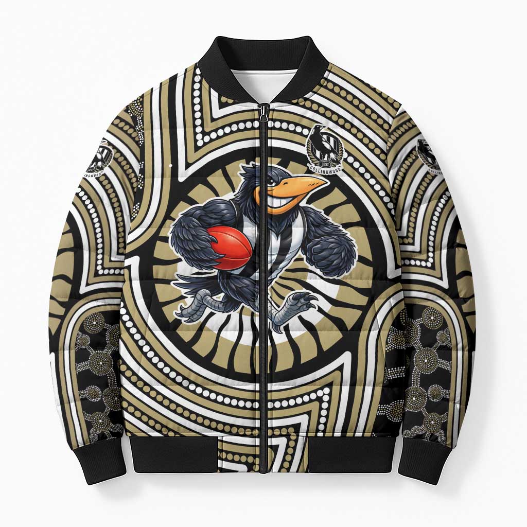 Collingwood Football Club Bomber Puffer Jacket Indigenous Monochrome Dot Art Mascot Style