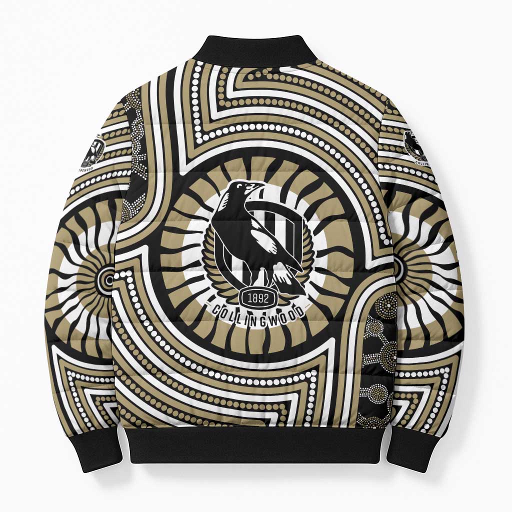 Collingwood Football Club Bomber Puffer Jacket Indigenous Monochrome Dot Art Mascot Style