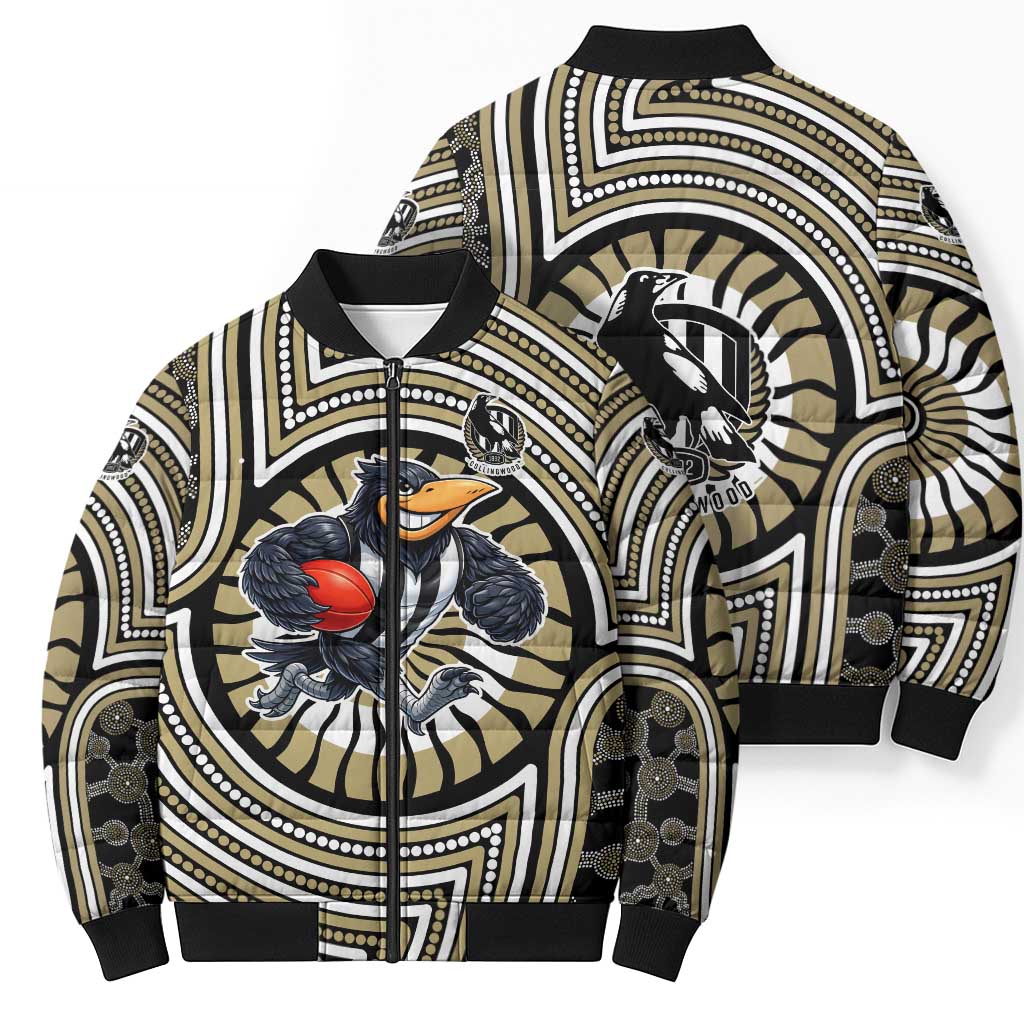 Collingwood Football Club Bomber Puffer Jacket Indigenous Monochrome Dot Art Mascot Style