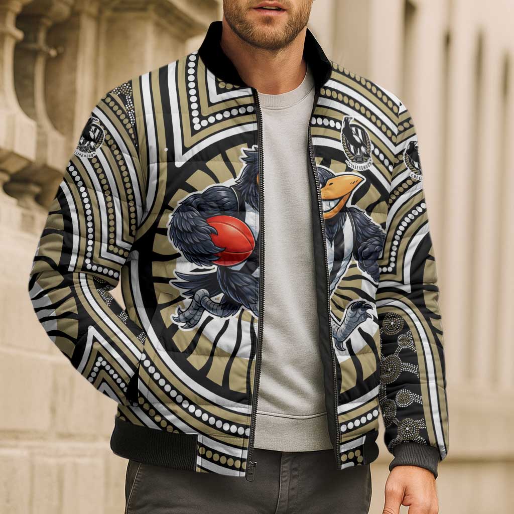 Collingwood Football Club Bomber Puffer Jacket Indigenous Monochrome Dot Art Mascot Style