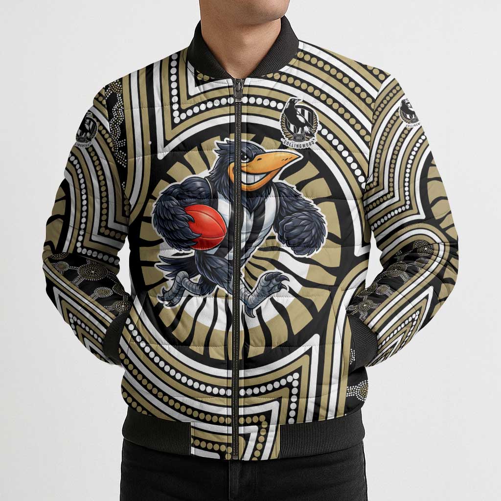 Collingwood Football Club Bomber Puffer Jacket Indigenous Monochrome Dot Art Mascot Style