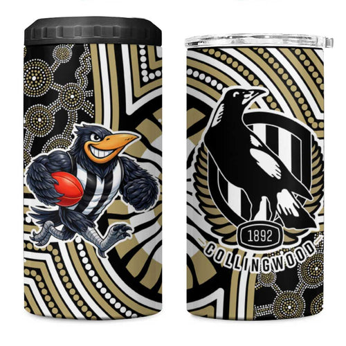 Collingwood Football Club 4 in 1 Can Cooler Tumbler Indigenous Monochrome Dot Art Mascot Style