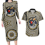 Collingwood Football Club Couples Matching Long Sleeve Bodycon Dress and Hawaiian Shirt Indigenous Monochrome Dot Art Mascot Style